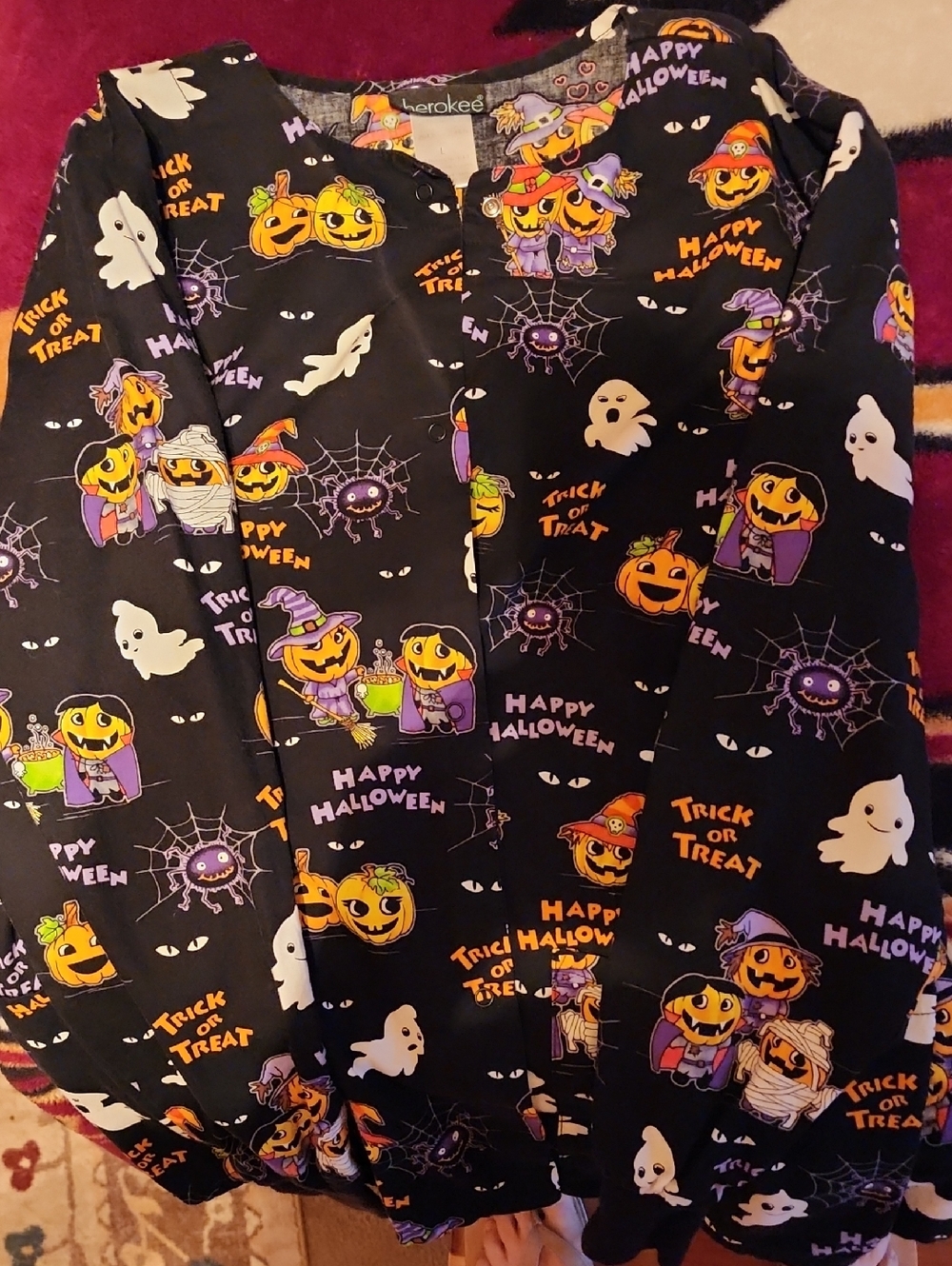 Cherokee Black Halloween Pumpkin Print Scrub Jacket. GUC